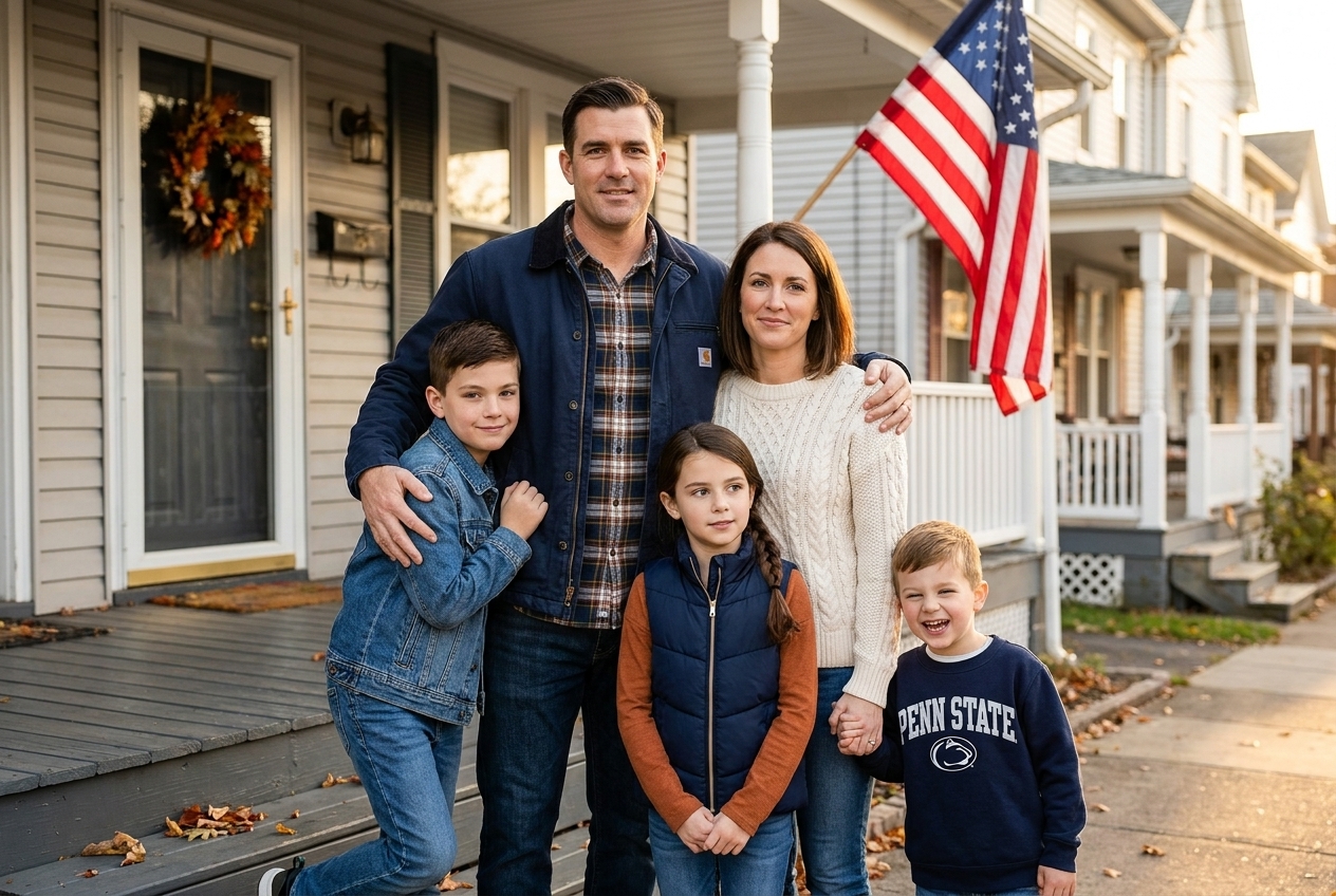 Owen with his wife and three children on the family porch